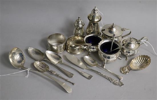 Two silver three-piece condiment sets with blue glass liners and sundry small silver,